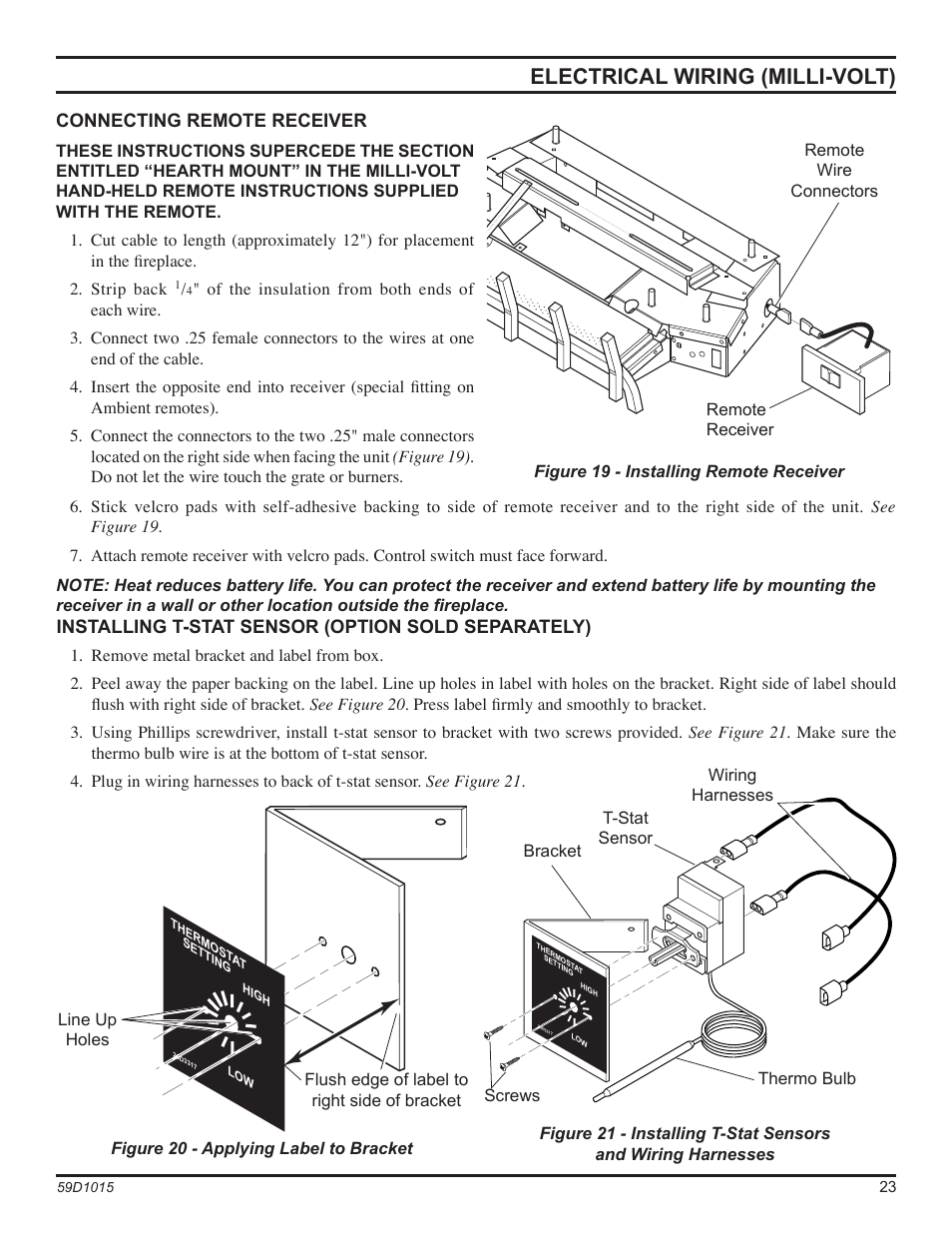 Electrical wiring (milli-volt), Connecting remote receiver, Installing t-stat sensor (option sold separately) | Monessen Hearth HVFL18 User Manual | Page 23 / 44