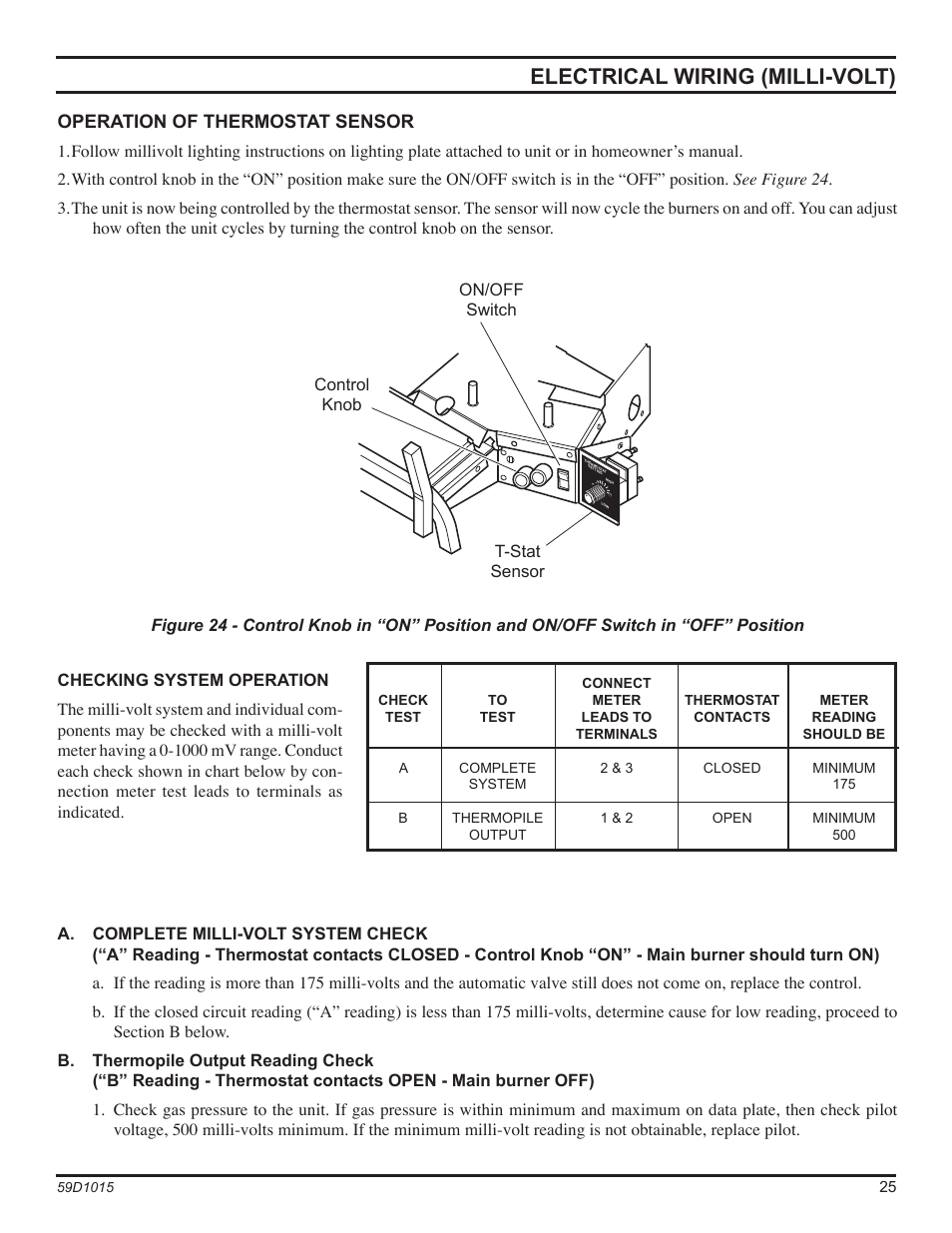 Electrical wiring (milli-volt), Operation of thermostat sensor | Monessen Hearth HVFL18 User Manual | Page 25 / 44