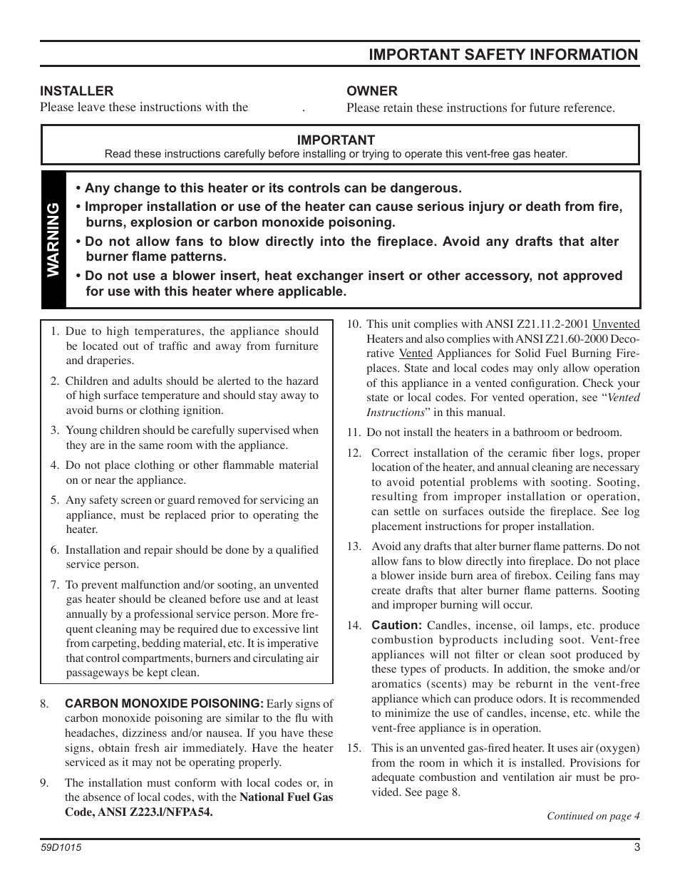 Important safety information, Warning | Monessen Hearth HVFL18 User Manual | Page 3 / 44