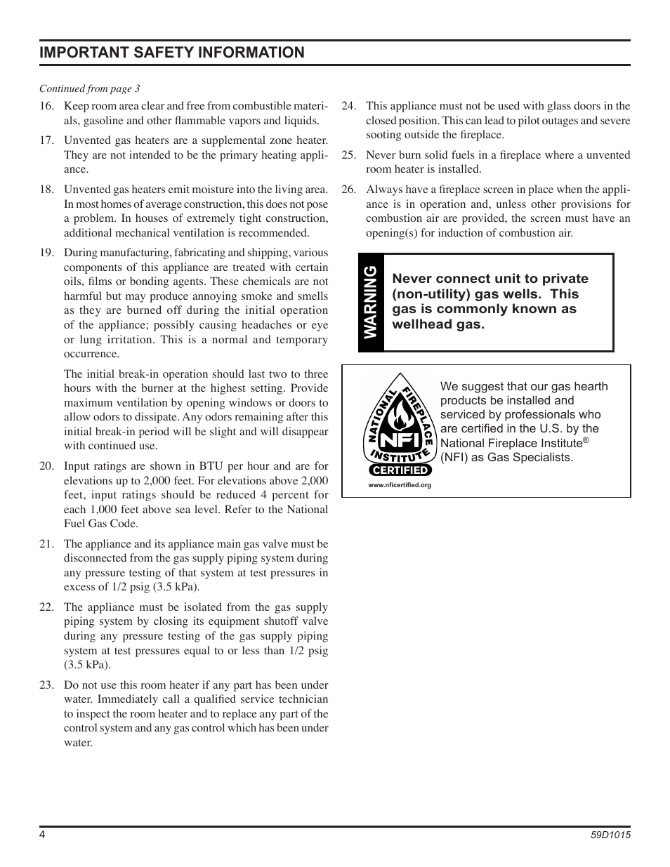 Warning, Important safety information | Monessen Hearth HVFL18 User Manual | Page 4 / 44