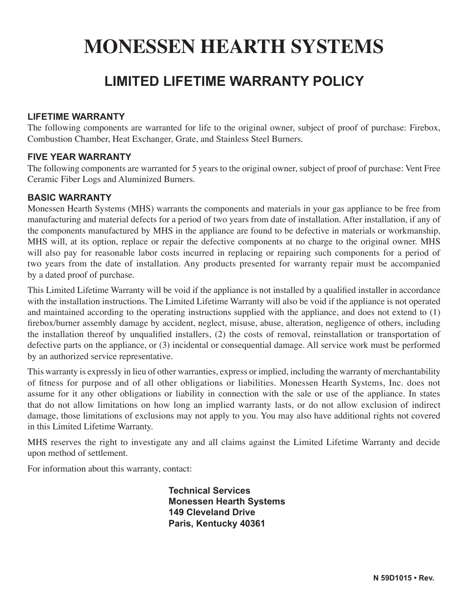 Monessen hearth systems, Limited lifetime warranty policy | Monessen Hearth HVFL18 User Manual | Page 44 / 44