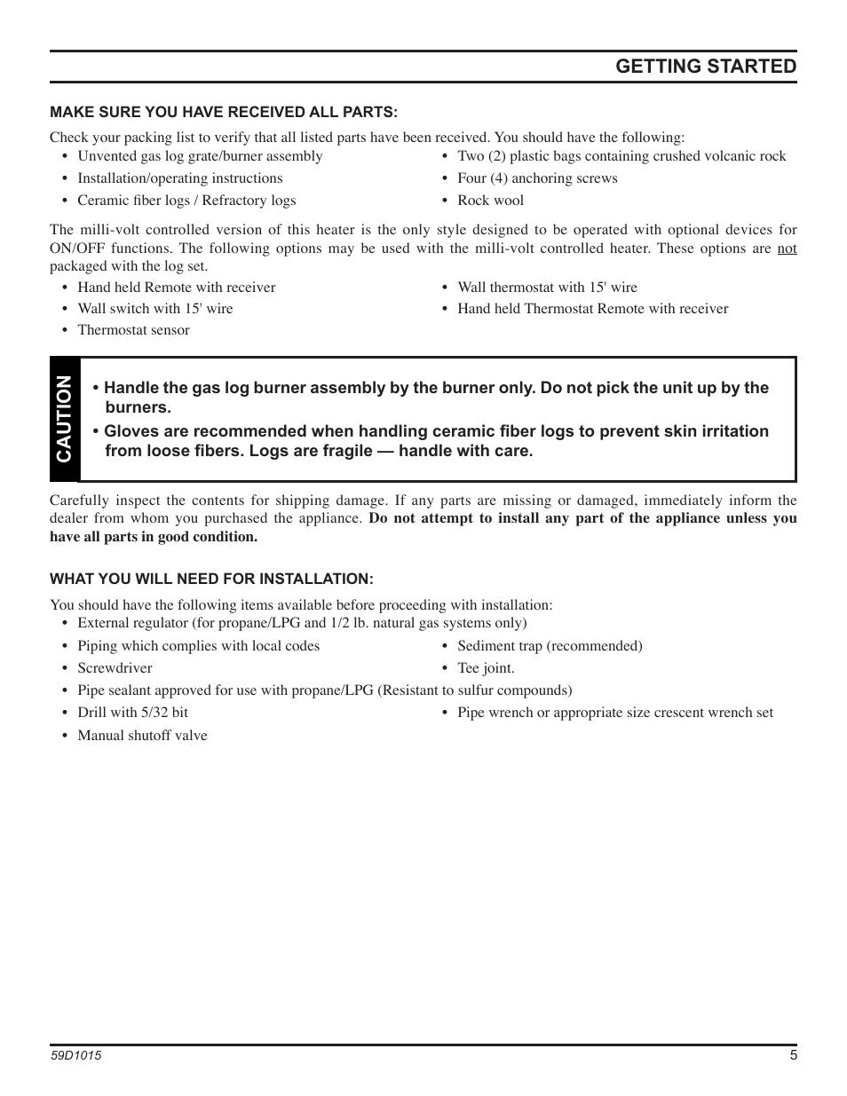 Getting started, Caution | Monessen Hearth HVFL18 User Manual | Page 5 / 44