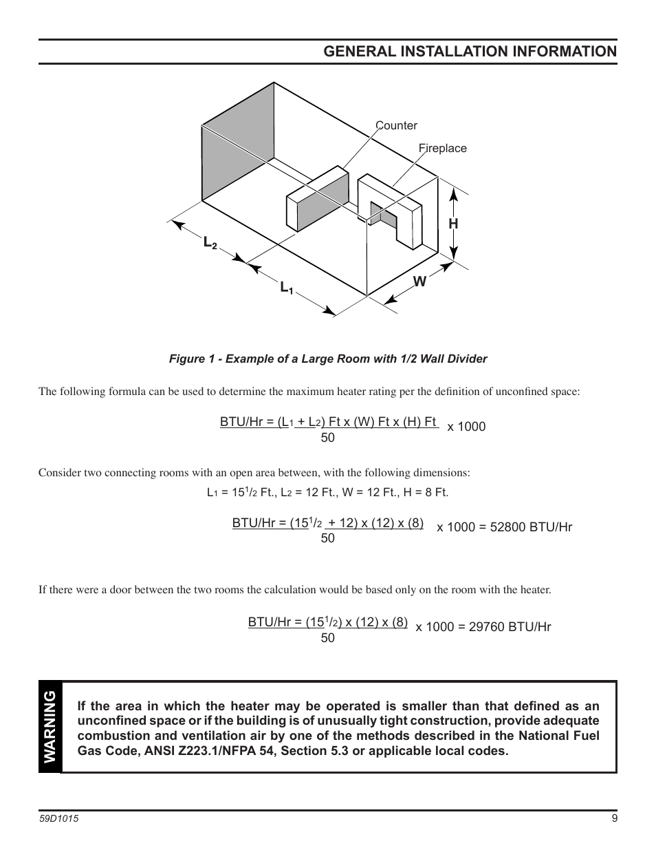 General installation information, Warning | Monessen Hearth HVFL18 User Manual | Page 9 / 44