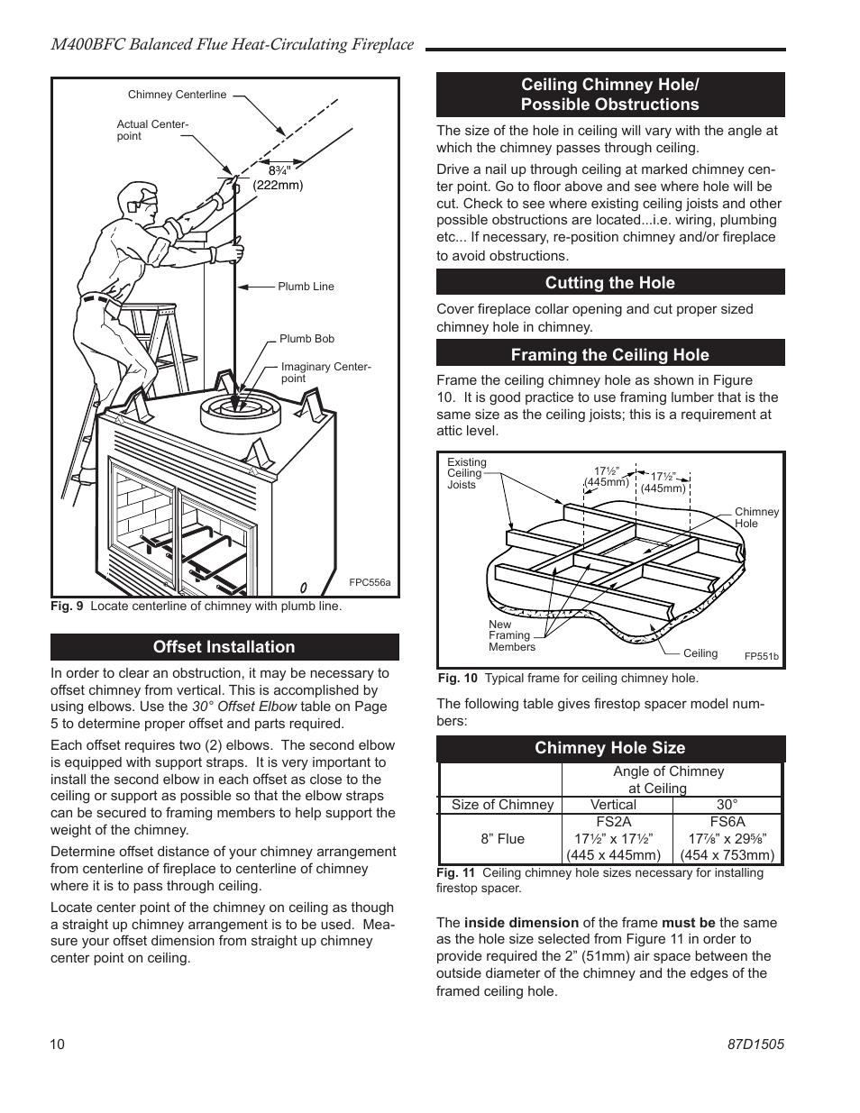M400bfc balanced flue heat-circulating fireplace, Offset installation, Ceiling chimney hole/ possible obstructions | Cutting the hole, Framing the ceiling hole, Chimney hole size | Monessen Hearth M400BFC User Manual | Page 10 / 24