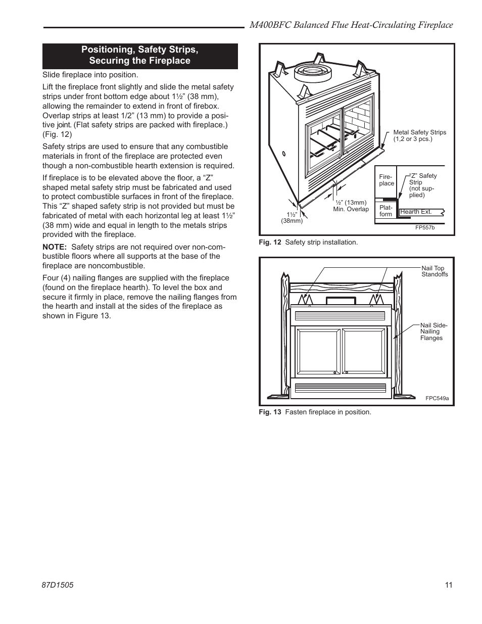 M400bfc balanced flue heat-circulating fireplace, Positioning, safety strips, securing the fireplace | Monessen Hearth M400BFC User Manual | Page 11 / 24