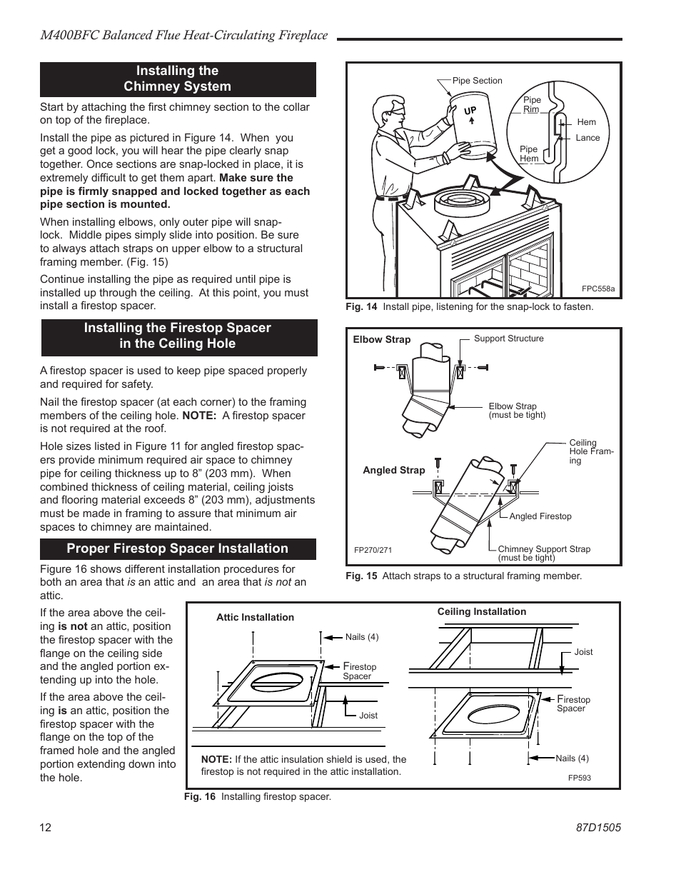 M400bfc balanced flue heat-circulating fireplace, Installing the chimney system, Installing the firestop spacer in the ceiling hole | Proper firestop spacer installation | Monessen Hearth M400BFC User Manual | Page 12 / 24