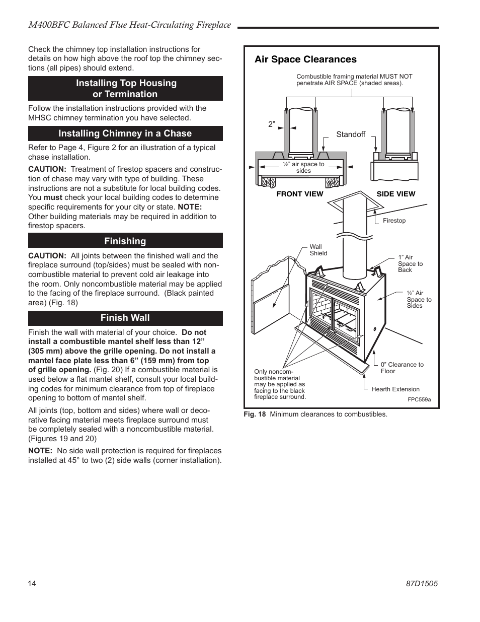 M400bfc balanced flue heat-circulating fireplace, Installing top housing or termination, Installing chimney in a chase | Finishing, Finish wall | Monessen Hearth M400BFC User Manual | Page 14 / 24