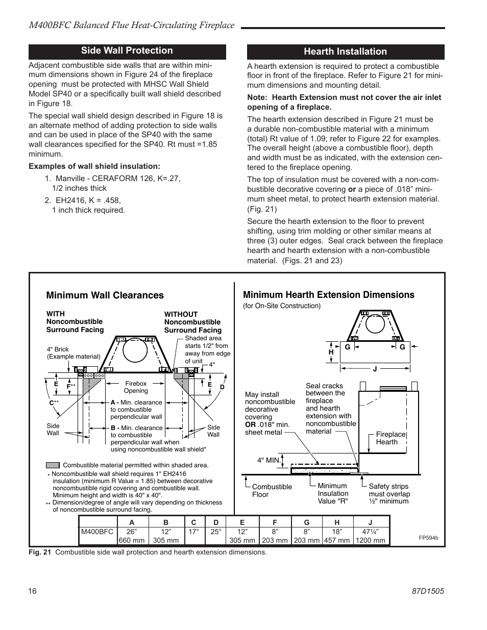 M400bfc balanced flue heat-circulating fireplace, Side wall protection, Hearth installation | Minimum wall clearances, Minimum hearth extension dimensions | Monessen Hearth M400BFC User Manual | Page 16 / 24