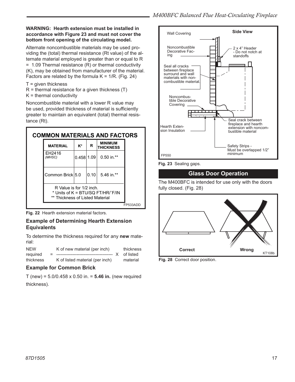 M400bfc balanced flue heat-circulating fireplace, Common materials and factors, Glass door operation | Example for common brick | Monessen Hearth M400BFC User Manual | Page 17 / 24