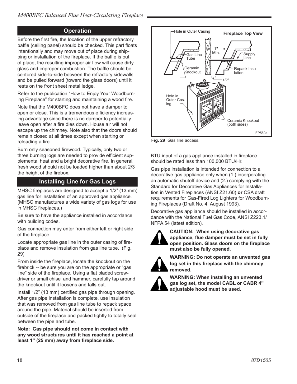 M400bfc balanced flue heat-circulating fireplace, Installing line for gas logs, Operation | Monessen Hearth M400BFC User Manual | Page 18 / 24