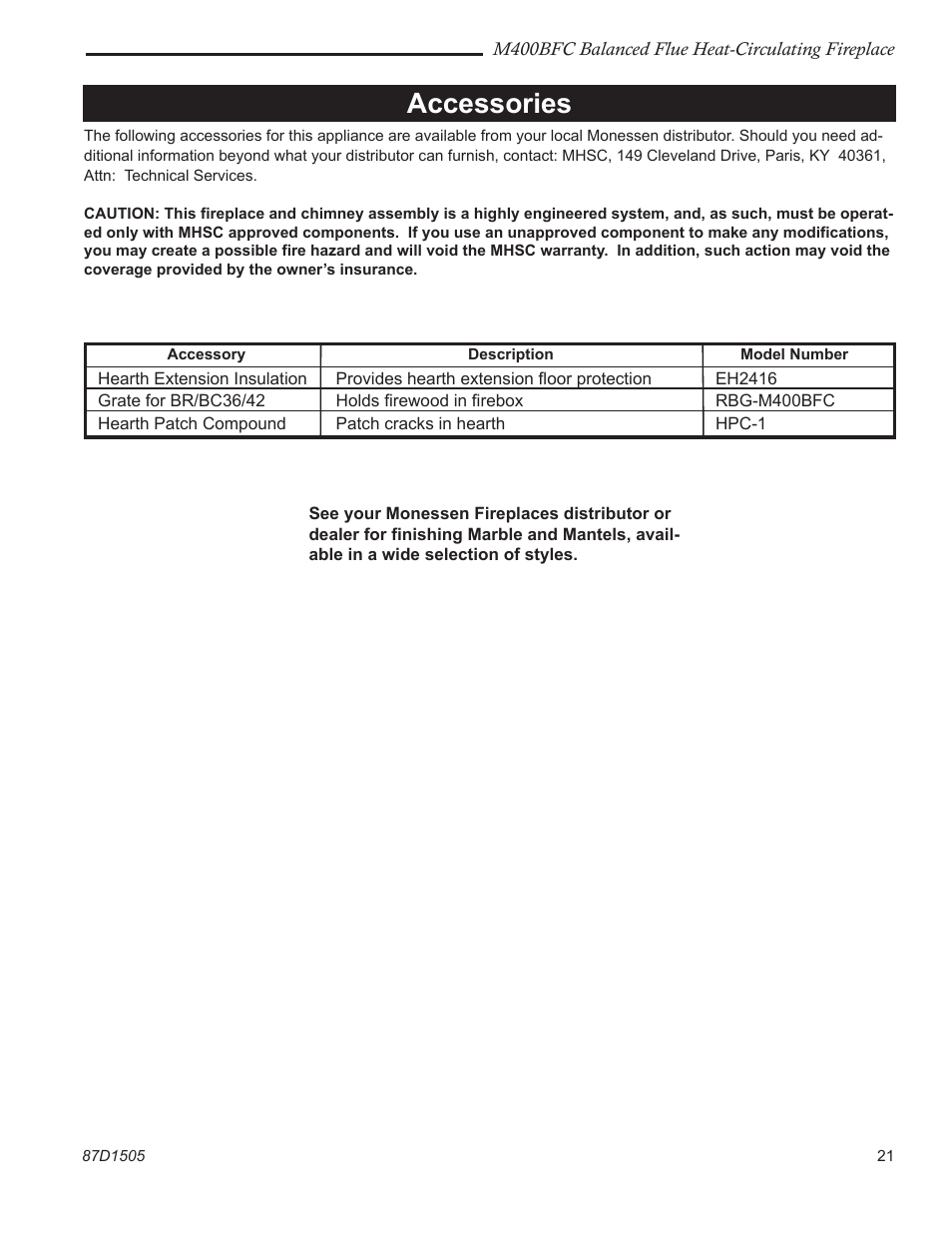 Accessories | Monessen Hearth M400BFC User Manual | Page 21 / 24