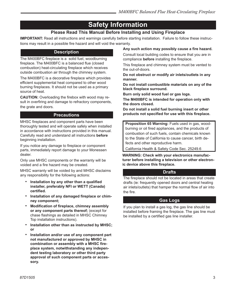 Safety information | Monessen Hearth M400BFC User Manual | Page 3 / 24