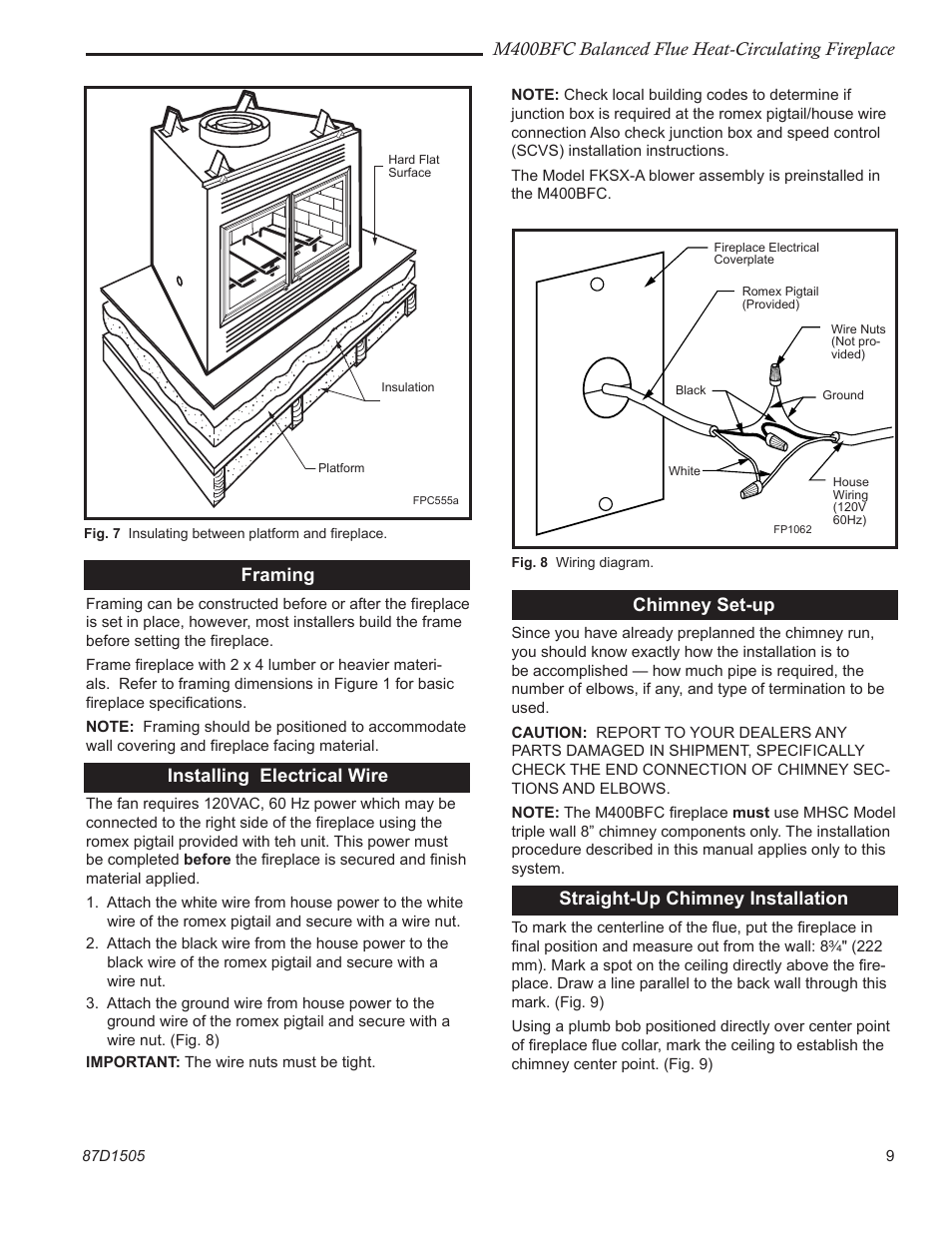 M400bfc balanced flue heat-circulating fireplace, Framing, Installing electrical wire | Chimney set-up, Straight-up chimney installation | Monessen Hearth M400BFC User Manual | Page 9 / 24