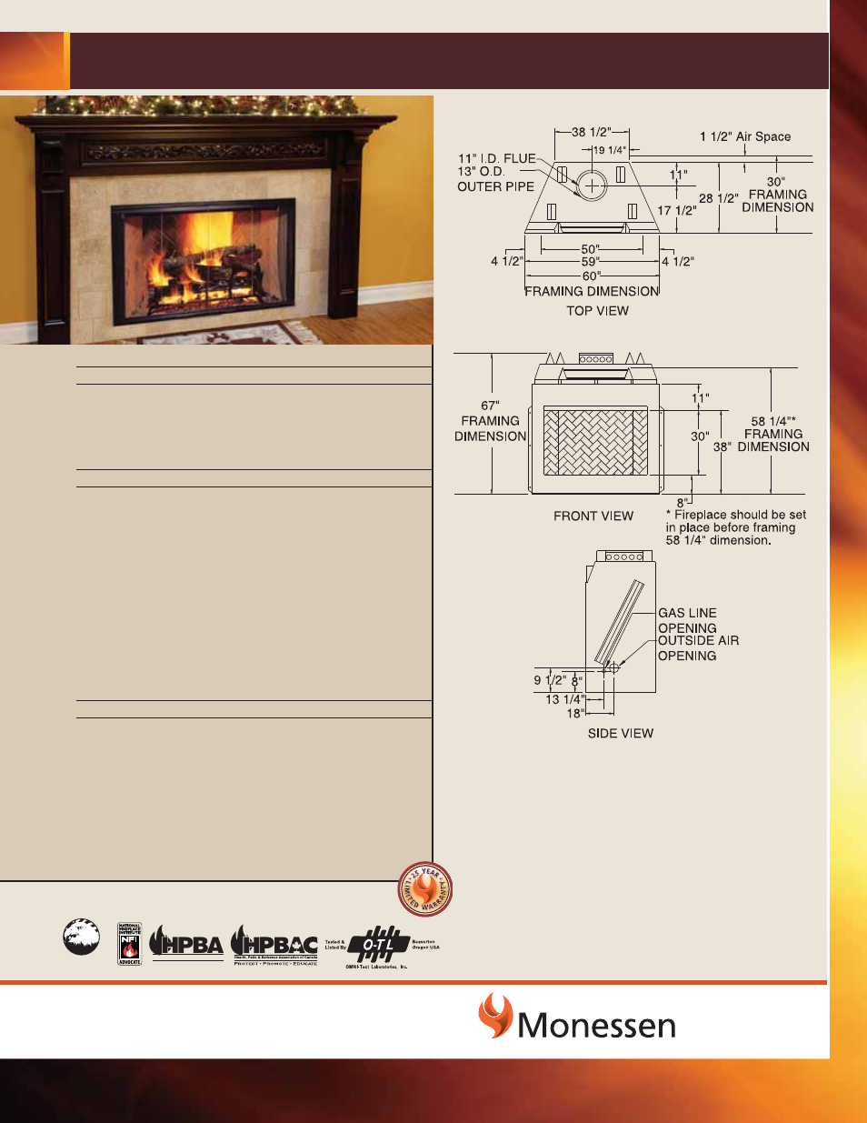 Monessen Hearth Radiant Wood Burning HWB800HB User Manual | 1 page