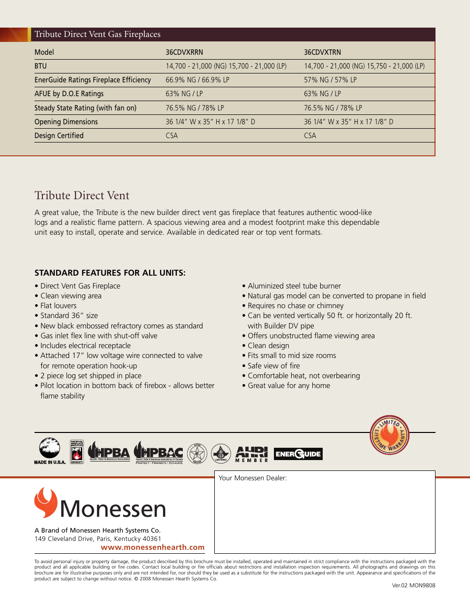 Monessen, Hpba, Tribute direct vent | Tribute direct vent gas fireplaces | Monessen Hearth 36CDVXRRN User Manual | Page 2 / 2