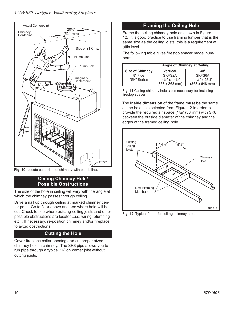 424wbst designer woodburning fireplaces, Ceiling chimney hole/ possible obstructions, Cutting the hole | Framing the ceiling hole | Monessen Hearth 424WBST User Manual | Page 10 / 24