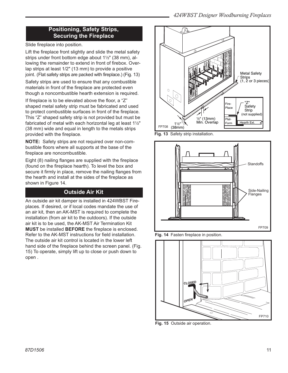 424wbst designer woodburning fireplaces, Positioning, safety strips, securing the fireplace, Outside air kit | Monessen Hearth 424WBST User Manual | Page 11 / 24