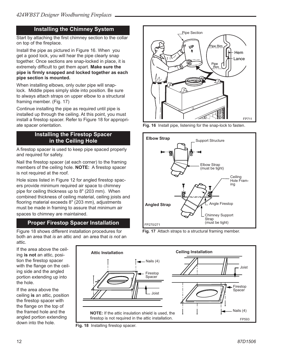 424wbst designer woodburning fireplaces, Installing the chimney system, Installing the firestop spacer in the ceiling hole | Proper firestop spacer installation | Monessen Hearth 424WBST User Manual | Page 12 / 24