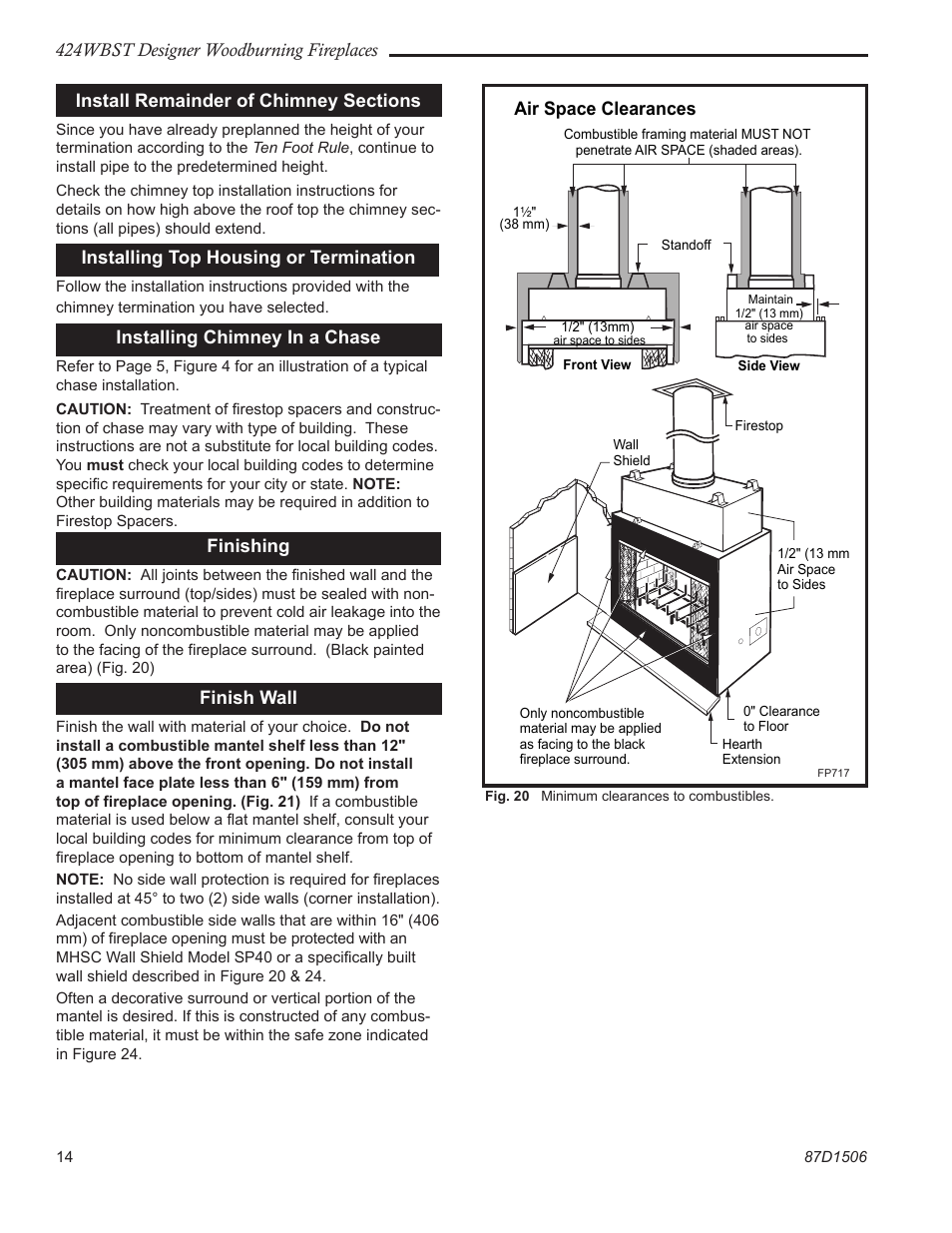424wbst designer woodburning fireplaces, Installing top housing or termination, Installing chimney in a chase | Finishing, Finish wall, Air space clearances | Monessen Hearth 424WBST User Manual | Page 14 / 24