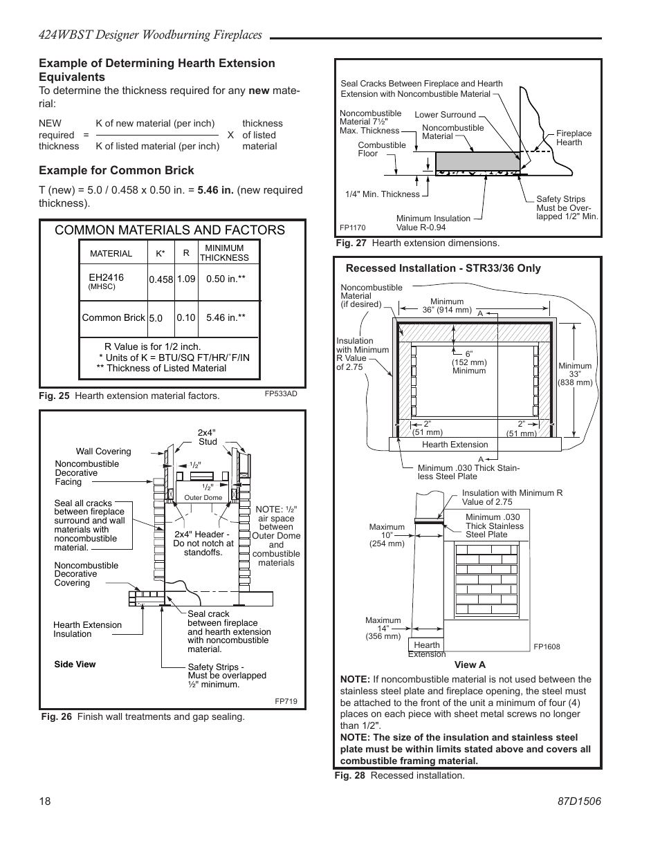 424wbst designer woodburning fireplaces, Common materials and factors, 0 4ype | Example for common brick, 0 alcove | Monessen Hearth 424WBST User Manual | Page 18 / 24