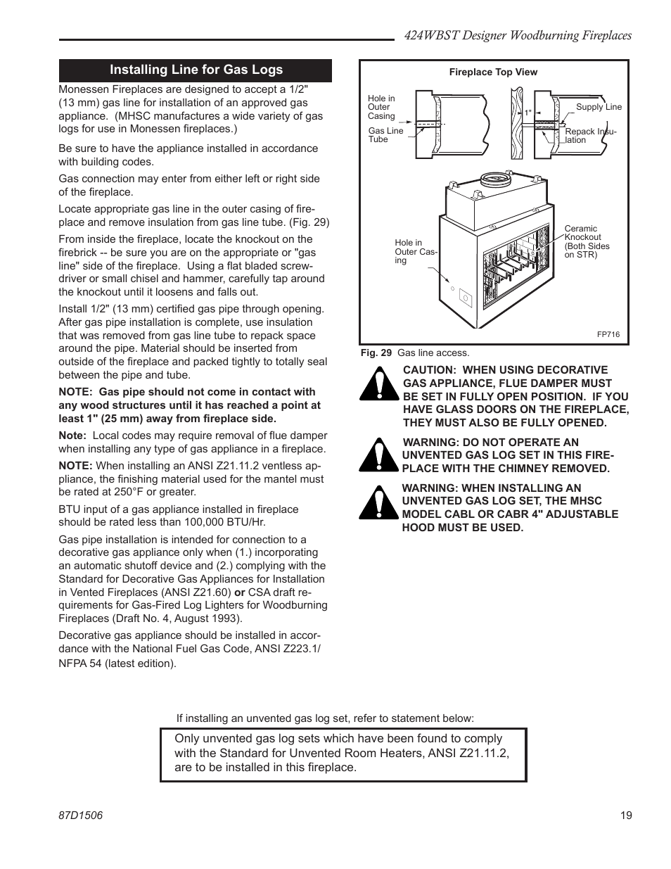 424wbst designer woodburning fireplaces, Installing line for gas logs | Monessen Hearth 424WBST User Manual | Page 19 / 24