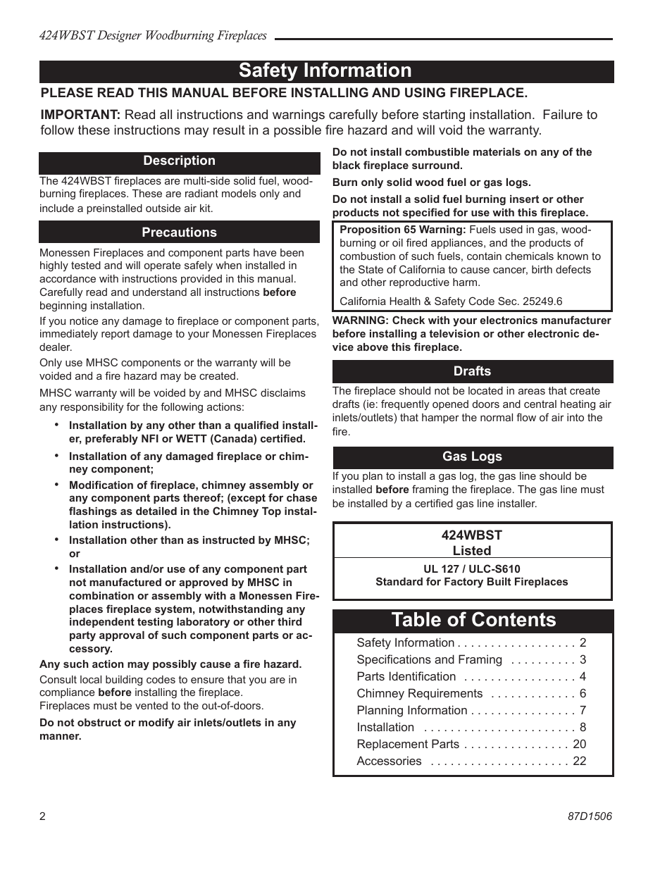 Monessen Hearth 424WBST User Manual | Page 2 / 24