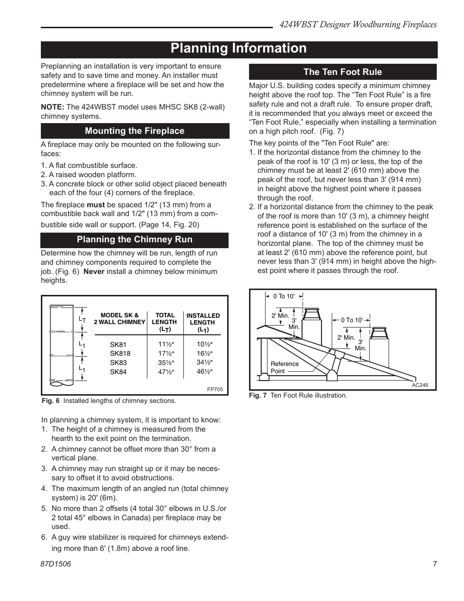 Planning information, 424wbst designer woodburning fireplaces, Mounting the fireplace | Planning the chimney run, The ten foot rule | Monessen Hearth 424WBST User Manual | Page 7 / 24