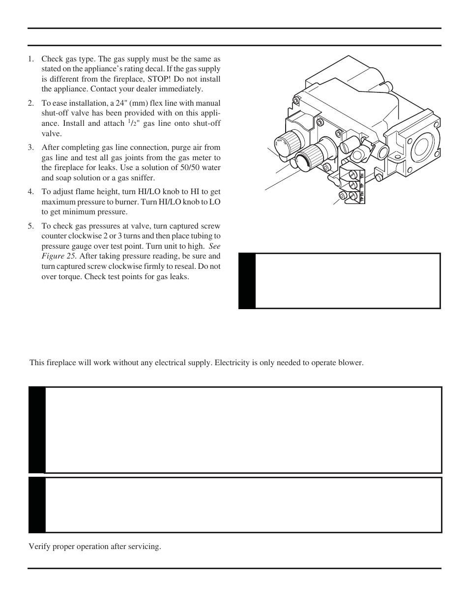 Checking gas pres sure, Electrical installation, Warning | Wa rning, Caution | Monessen Hearth Direct Vent BLDV400 User Manual | Page 25 / 46