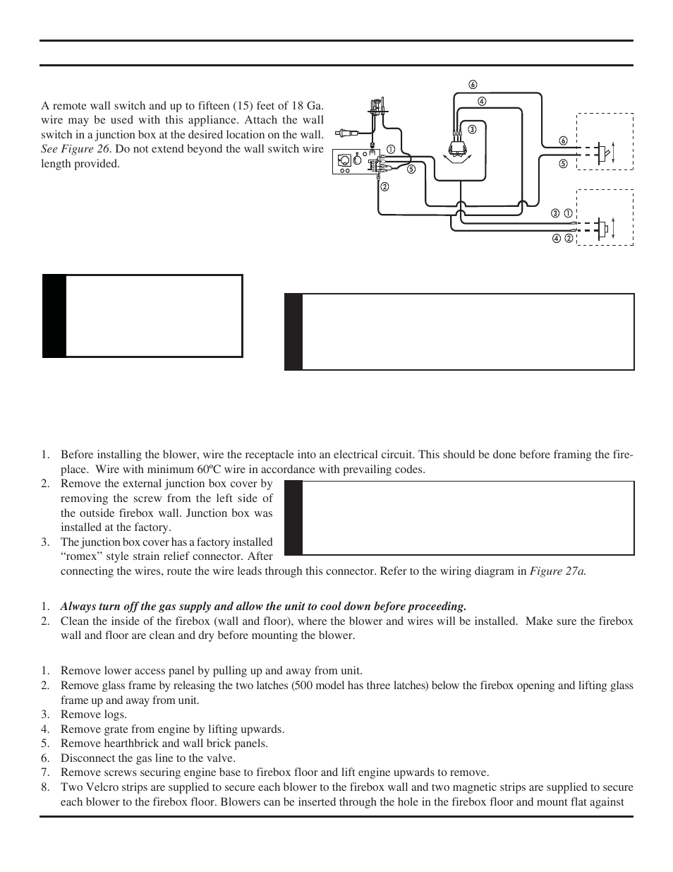 Remote wall switch installation, Warning, Remote wall mounted switch | Optional fan/blower system | Monessen Hearth Direct Vent BLDV400 User Manual | Page 26 / 46