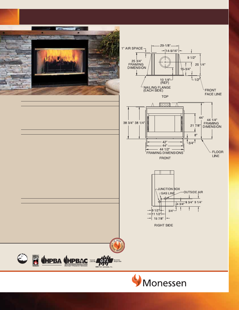 Monessen Hearth Wood Burning SWB500I User Manual | 1 page