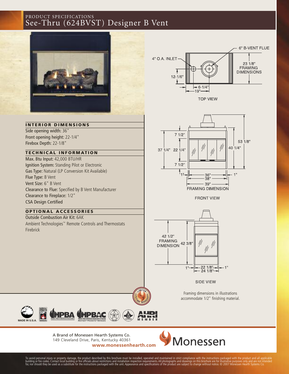 Monessen Hearth 624BVST User Manual | 1 page
