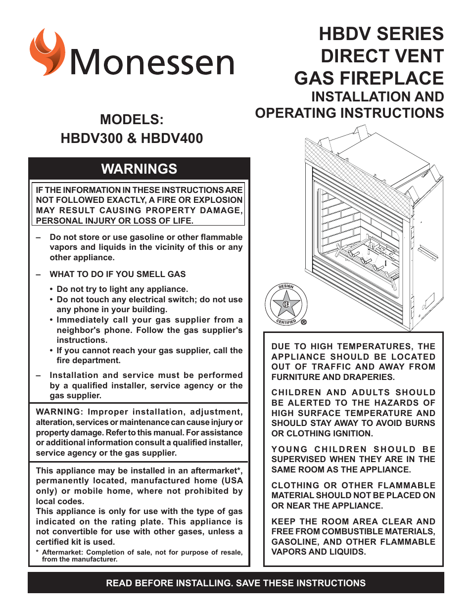 Monessen Hearth Direct Vent Gas Fireplace HBDV300 User Manual | 54 pages
