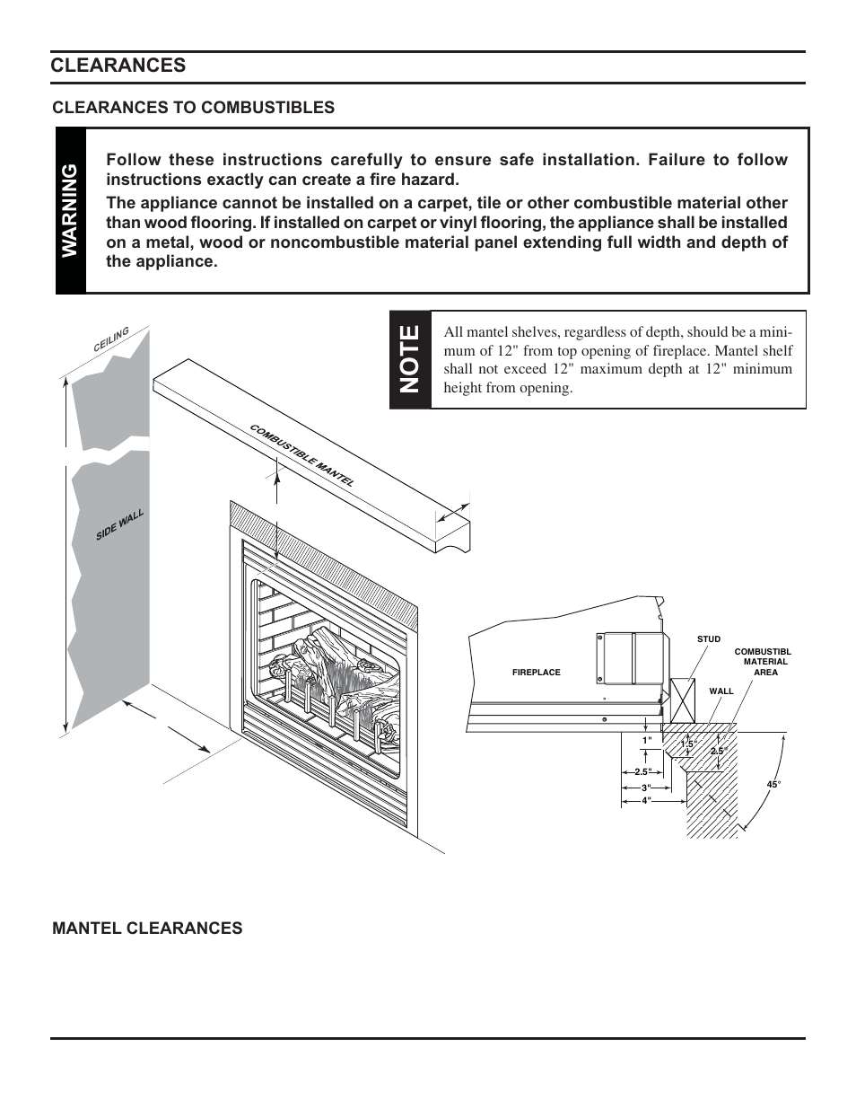 Warning clearances, Clearances to combustibles mantel clearances | Monessen Hearth Direct Vent Gas Fireplace HBDV300 User Manual | Page 10 / 54