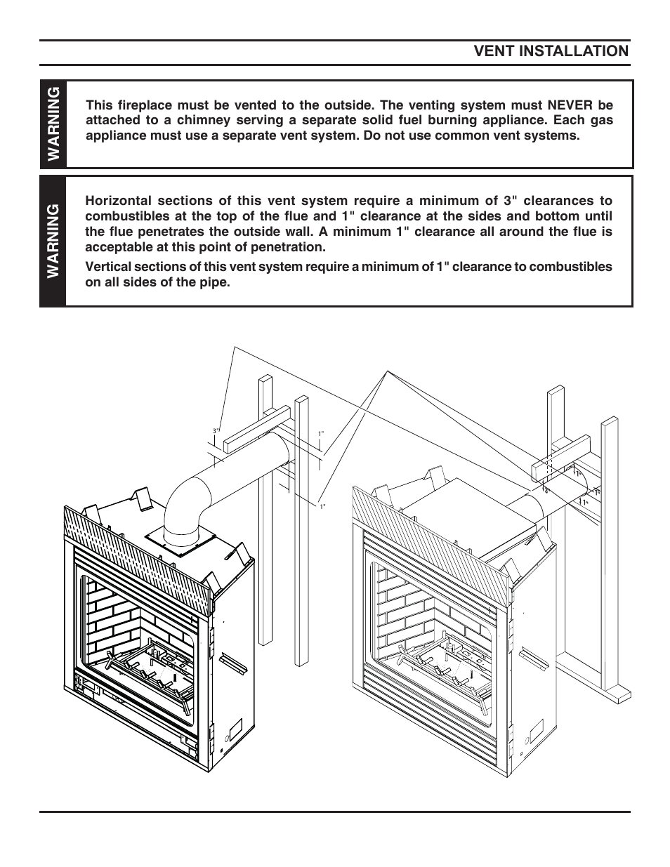 Vent installation, Warning | Monessen Hearth Direct Vent Gas Fireplace HBDV300 User Manual | Page 13 / 54