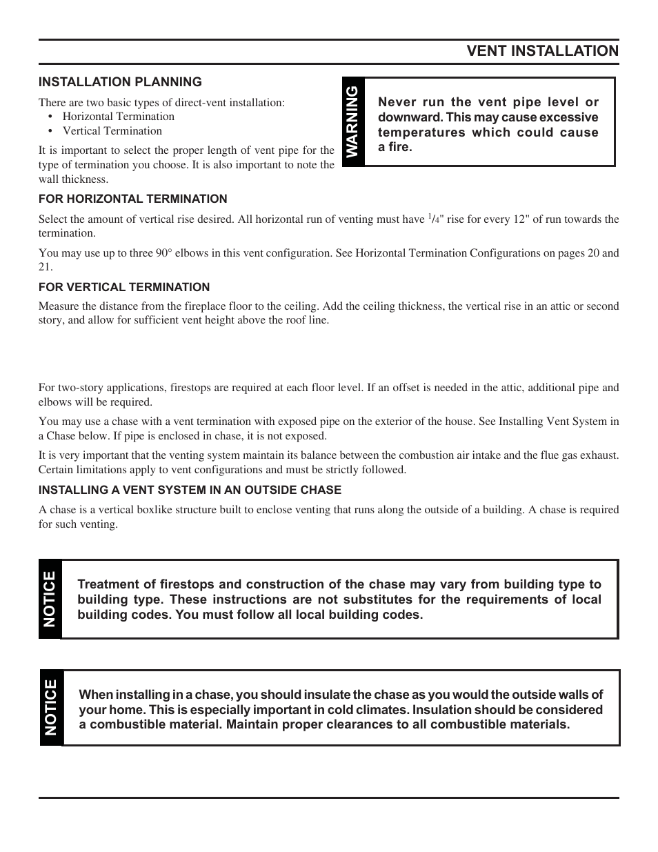 Vent installation, Warning, Notice | Monessen Hearth Direct Vent Gas Fireplace HBDV300 User Manual | Page 15 / 54