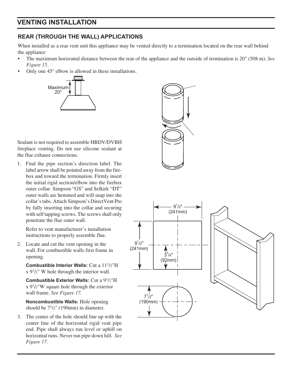 Venting installation | Monessen Hearth Direct Vent Gas Fireplace HBDV300 User Manual | Page 18 / 54