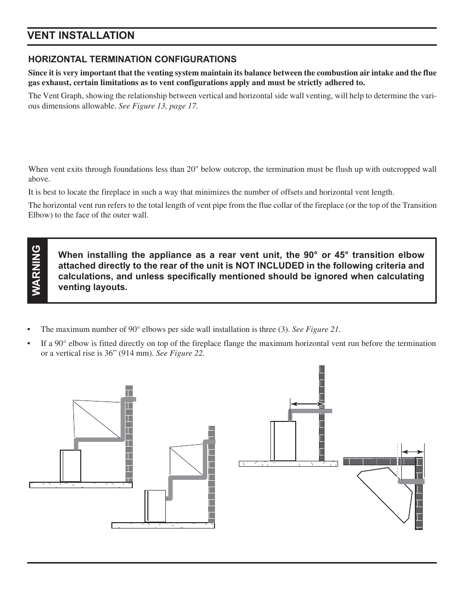 Vent installation, Warning | Monessen Hearth Direct Vent Gas Fireplace HBDV300 User Manual | Page 20 / 54