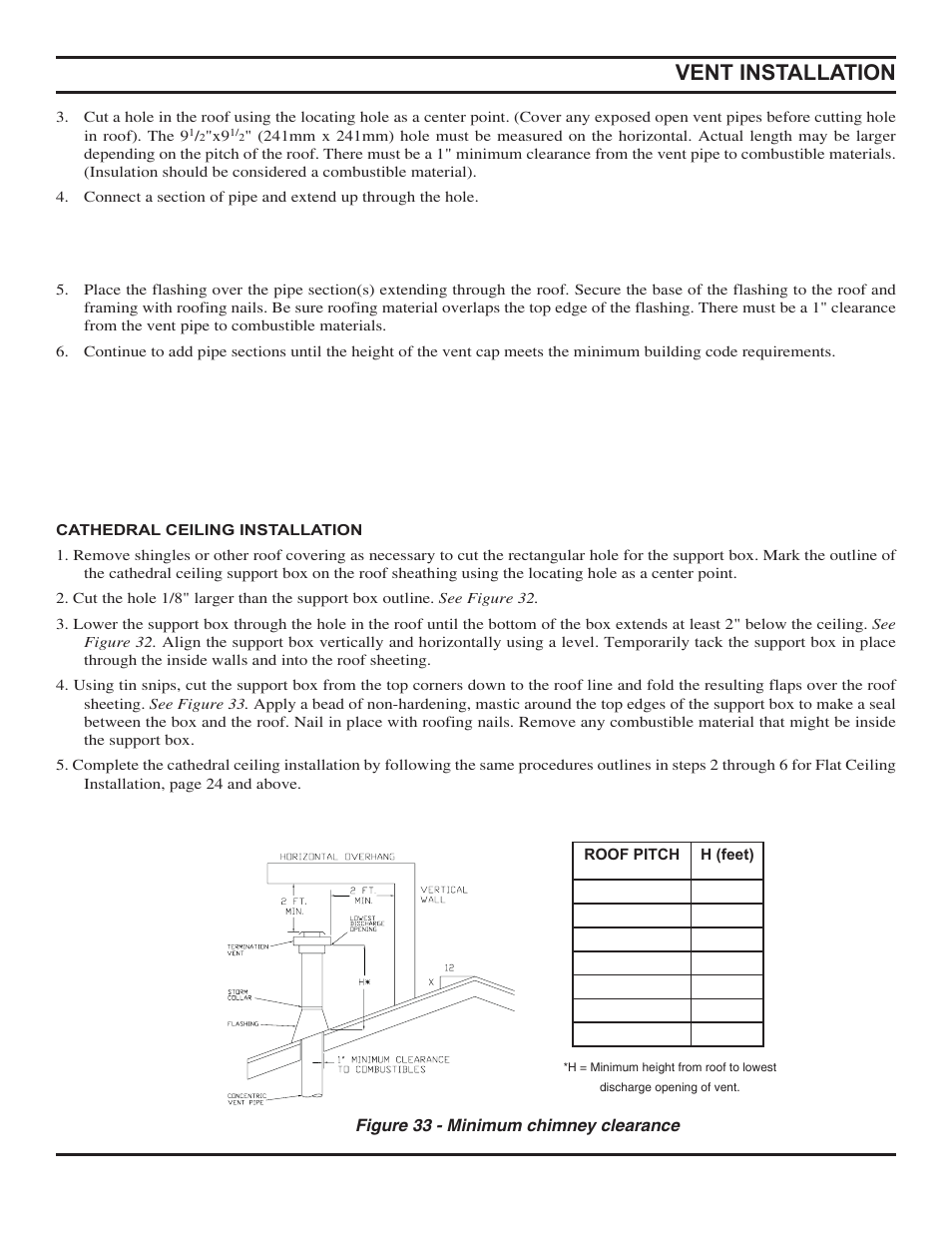 Vent installation, Figure 33 - minimum chimney clearance | Monessen Hearth Direct Vent Gas Fireplace HBDV300 User Manual | Page 25 / 54