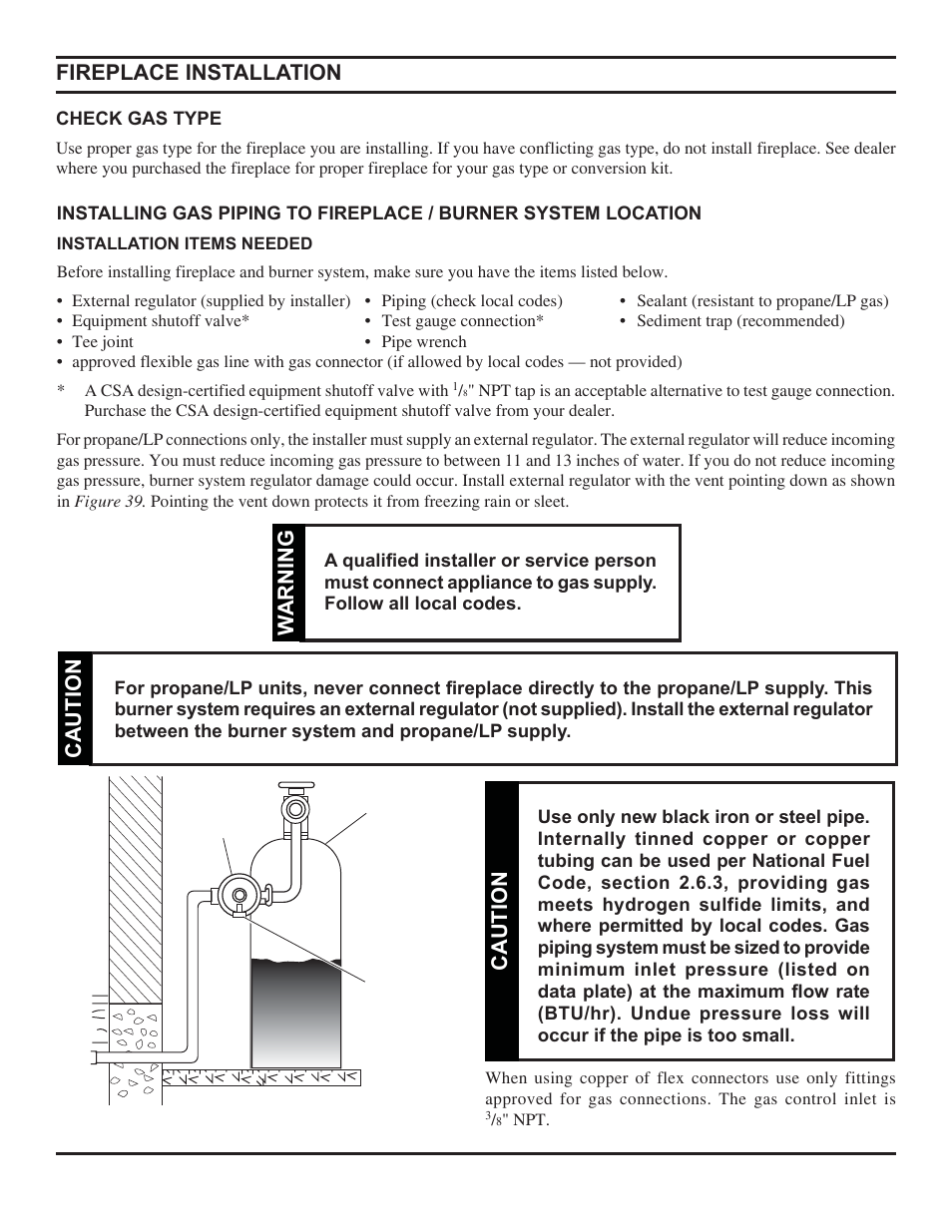 Caution fireplace installation, Caution, Warning | Monessen Hearth Direct Vent Gas Fireplace HBDV300 User Manual | Page 28 / 54