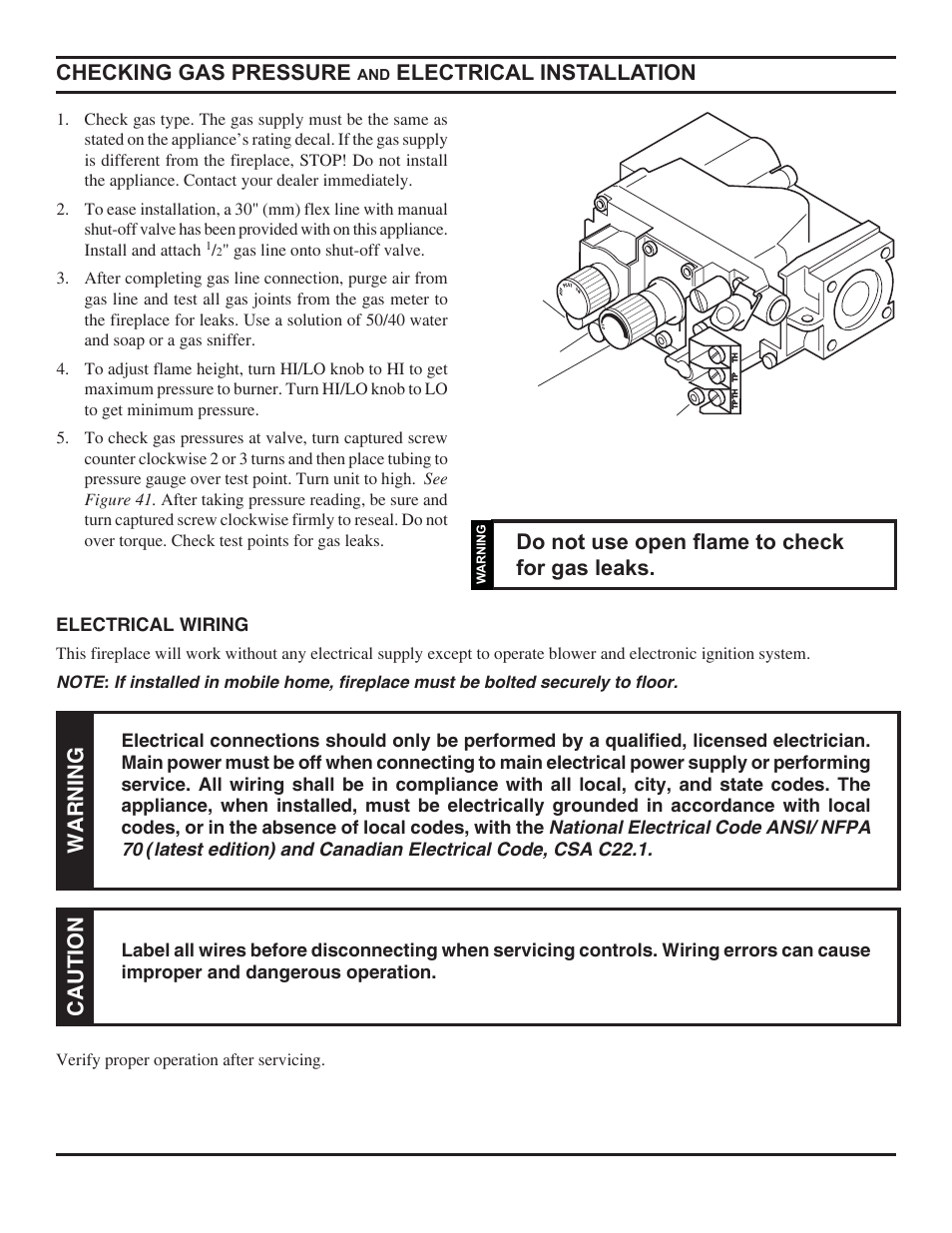 Checking gas pres sure, Electrical installation, Warning | Caution, Do not use open fl ame to check for gas leaks | Monessen Hearth Direct Vent Gas Fireplace HBDV300 User Manual | Page 30 / 54