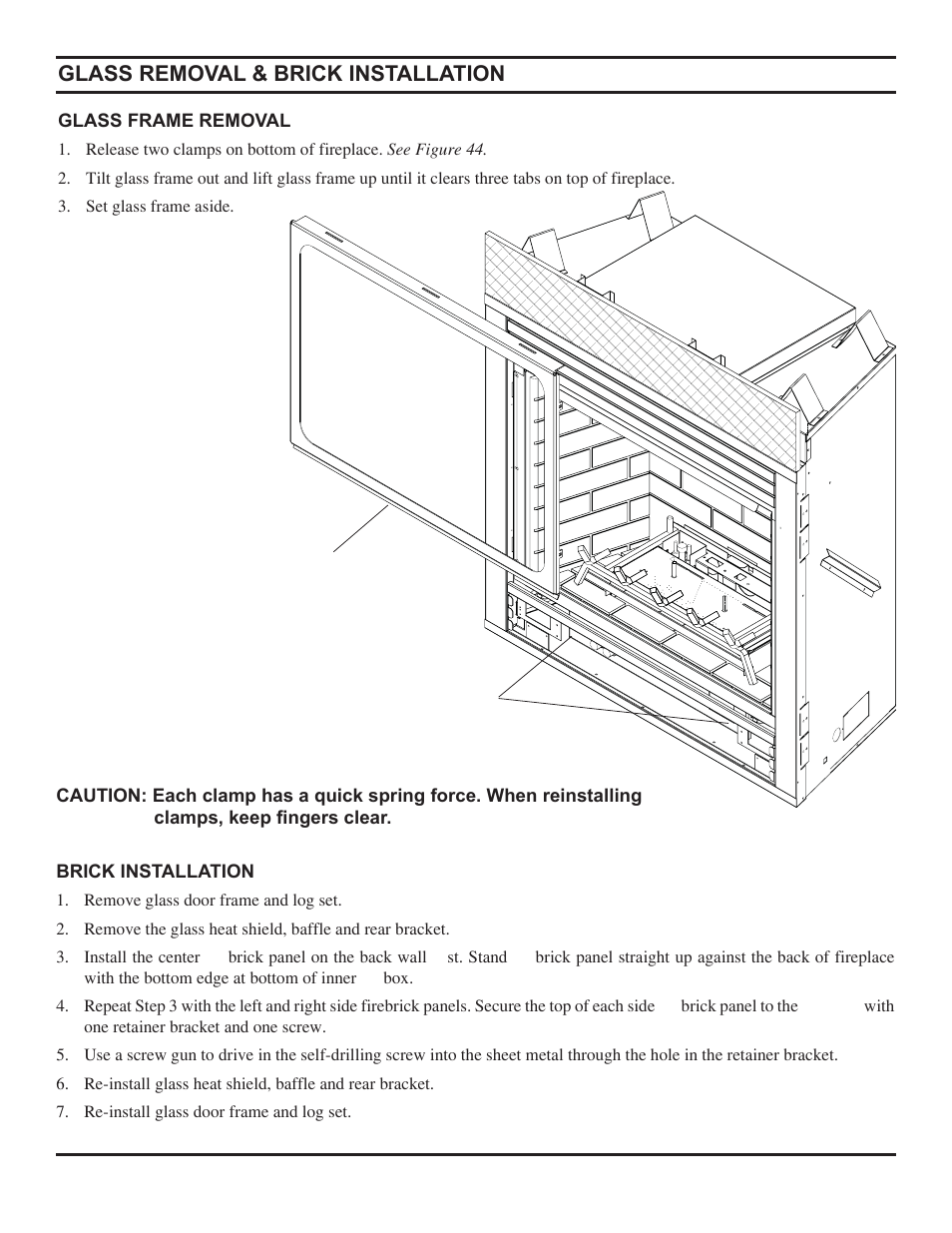 Glass removal & brick installation | Monessen Hearth Direct Vent Gas Fireplace HBDV300 User Manual | Page 32 / 54