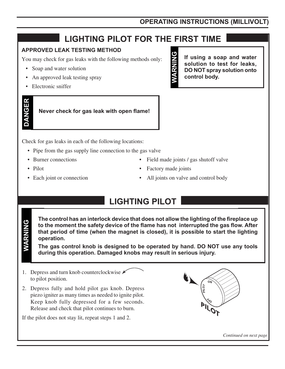 Lighting pilot, Lighting pilot for the first time, Pilo t | Warning, Danger, Operating instructions (millivolt) | Monessen Hearth Direct Vent Gas Fireplace HBDV300 User Manual | Page 37 / 54
