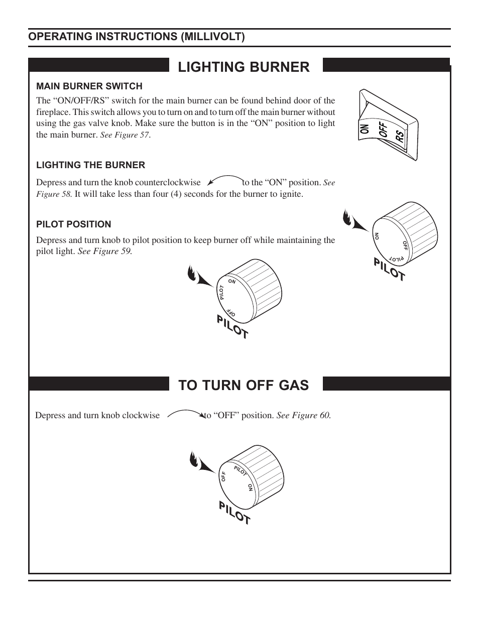 Lighting burner, Pilo t, Operating instructions (millivolt) | Monessen Hearth Direct Vent Gas Fireplace HBDV300 User Manual | Page 38 / 54