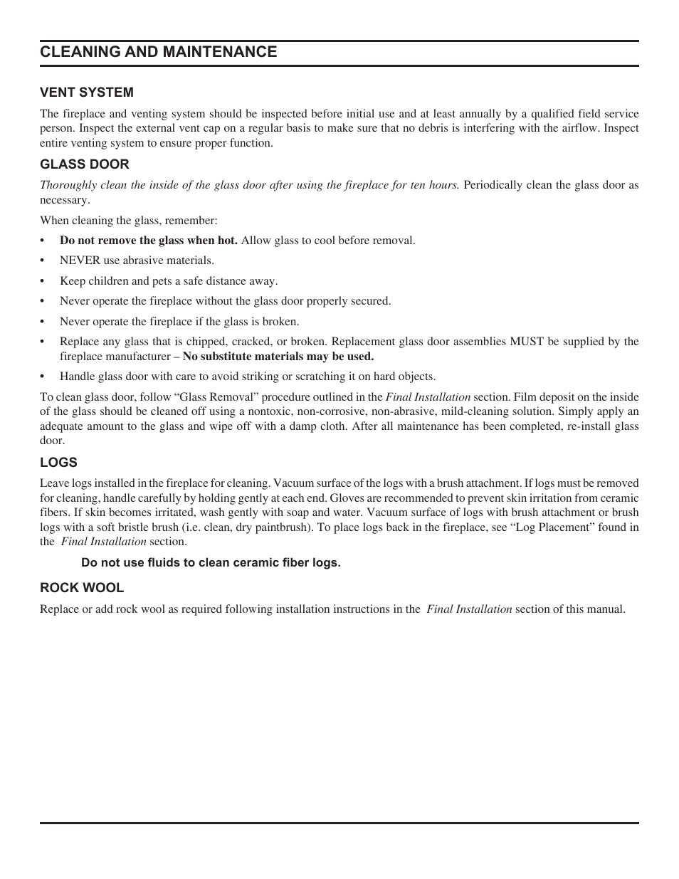 Cleaning and maintenance | Monessen Hearth Direct Vent Gas Fireplace HBDV300 User Manual | Page 40 / 54