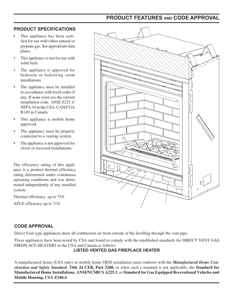 Product features, Code approval | Monessen Hearth Direct Vent Gas Fireplace HBDV300 User Manual | Page 5 / 54
