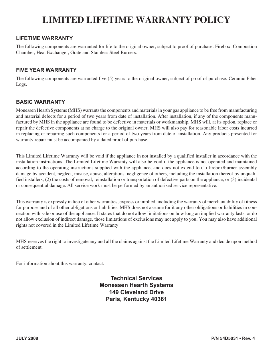 Limited lifetime warranty policy | Monessen Hearth Direct Vent Gas Fireplace HBDV300 User Manual | Page 54 / 54