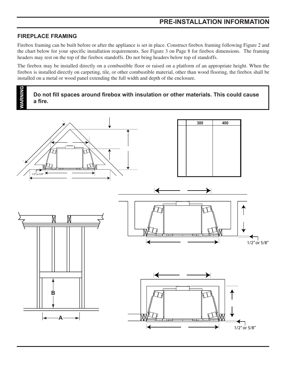 Pre-installation information, Fireplace framing | Monessen Hearth Direct Vent Gas Fireplace HBDV300 User Manual | Page 7 / 54