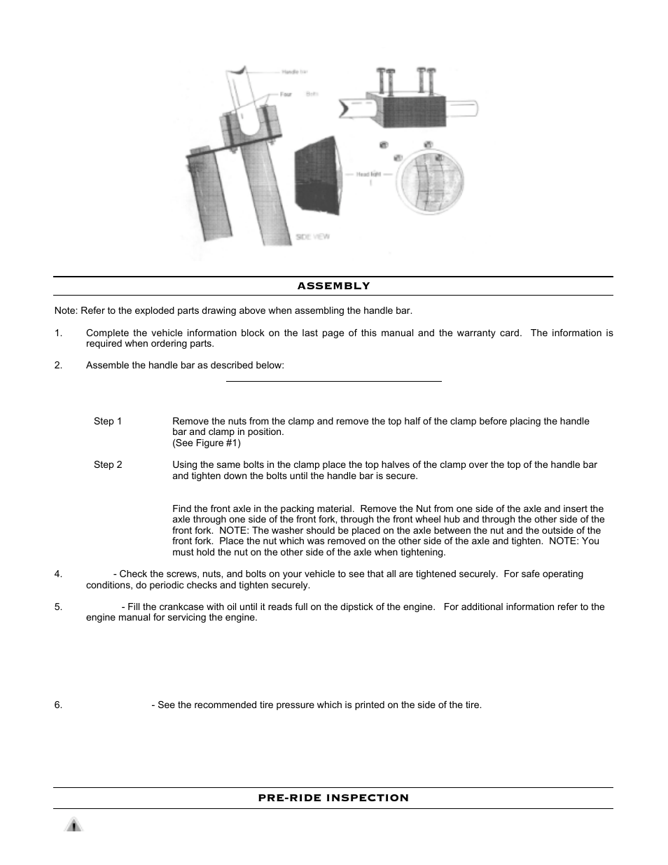 Figure #1) assembly, Pre-ride inspection | Mini BAJA MOTORSPORTS User Manual | Page 4 / 8