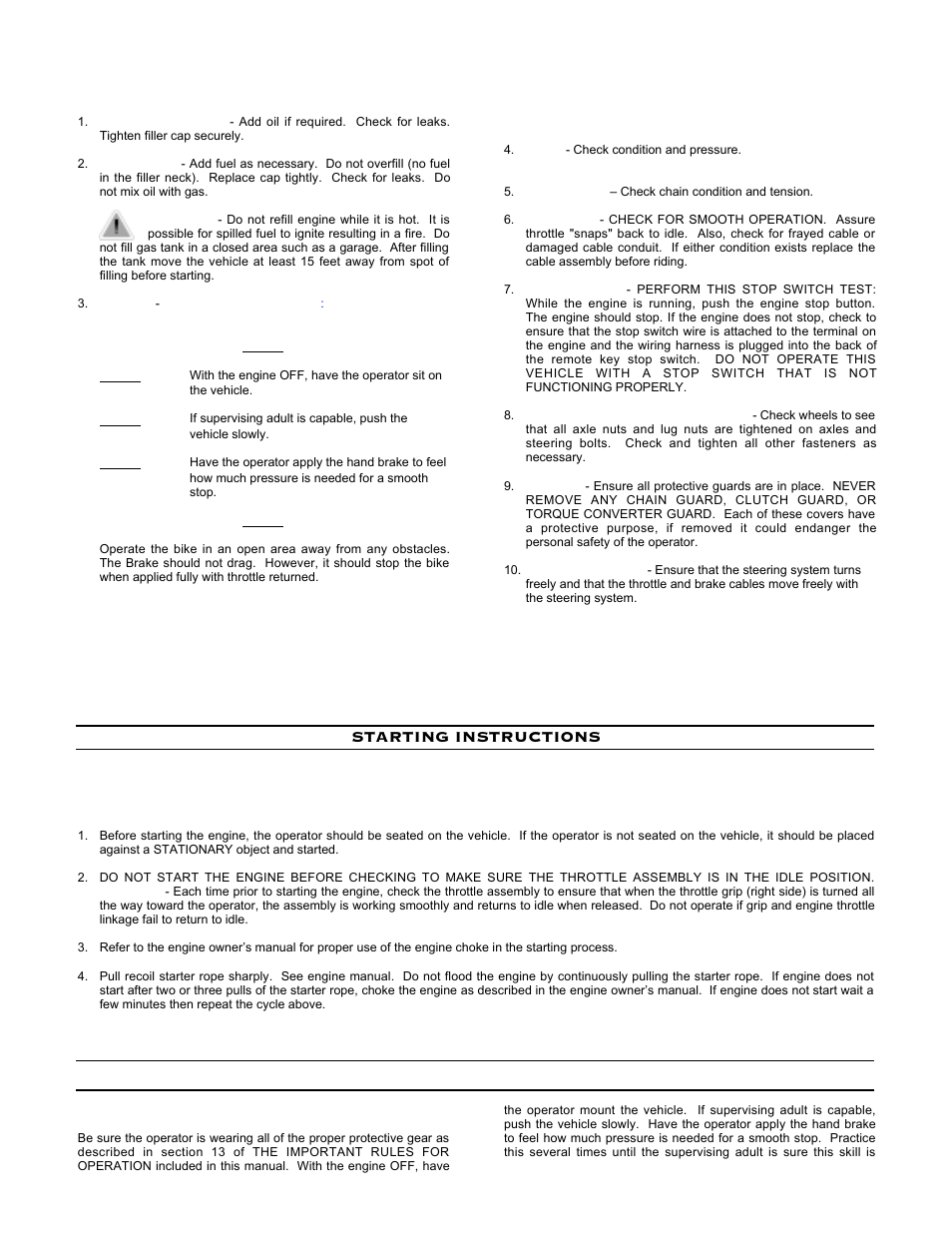 Starting instructions, Operational safety tips | Mini BAJA MOTORSPORTS User Manual | Page 5 / 8