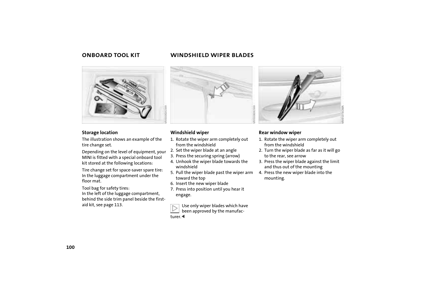 Onboard tool kit, Windshield wiper blades, Onboard tool kit 100 windshield wiper blades 100 | Mini COOPER User Manual | Page 102 / 140